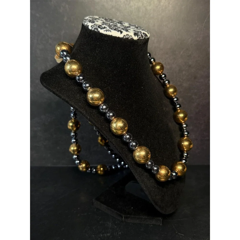 Gold Tone & Gunmetal Beaded Necklace Long Metallic Statement Necklace 41